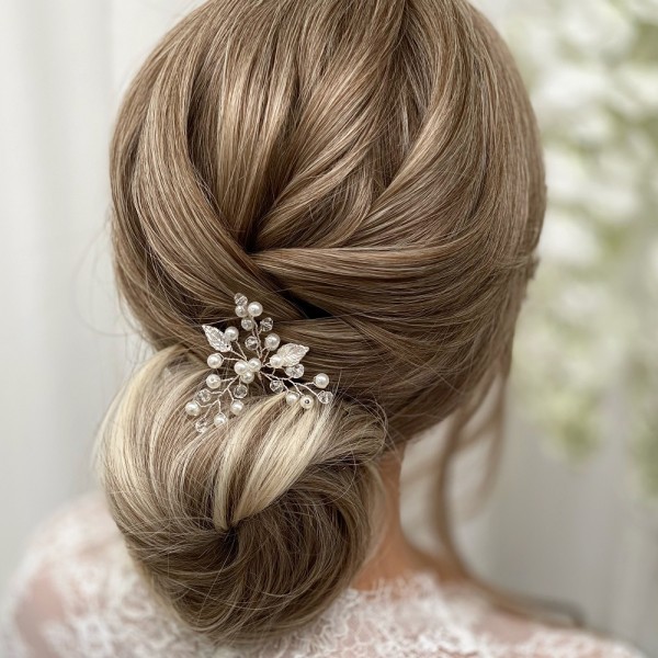 October Silver Leaves and Pearl Wedding Hair Pin