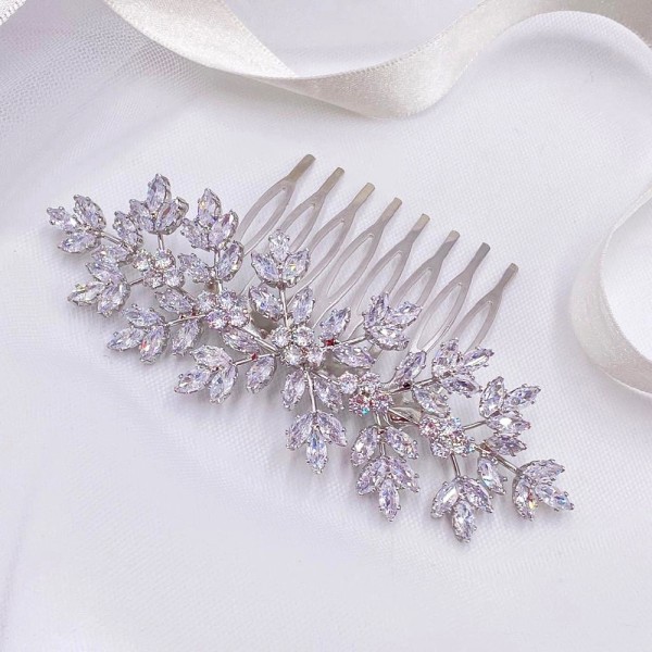Lustre Silver Crystal Leaves Wedding Hair Comb