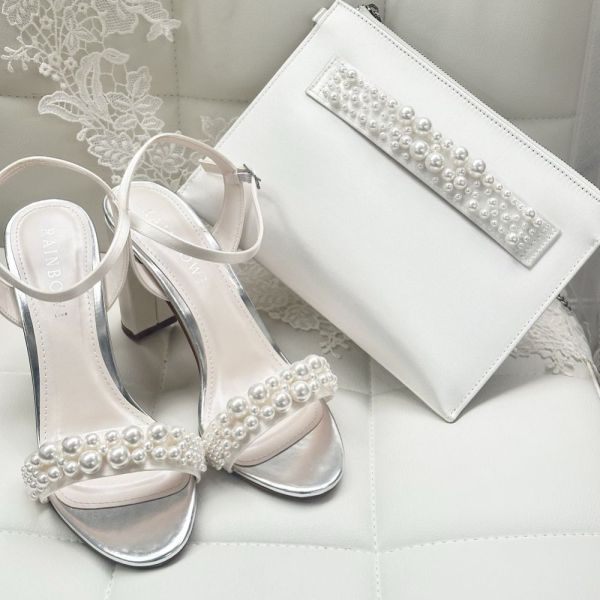 Ivory Pearl Embellished Block Heels & Matching Clutch Bag