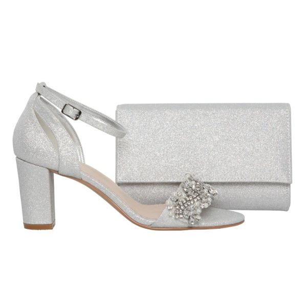 Chic Silver Clutch Bag with Matching Block Heel Sandals