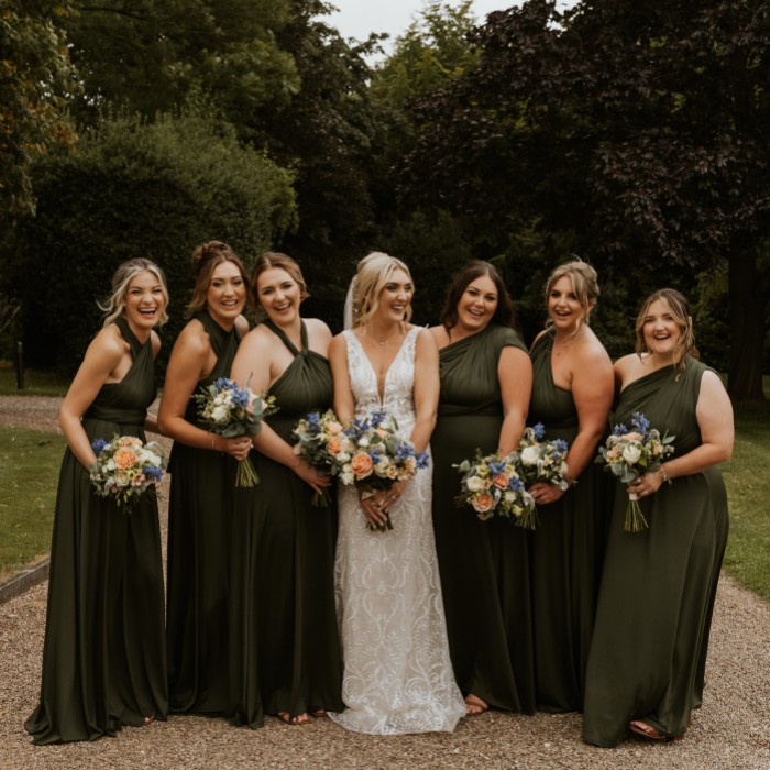 Real Bridesmaids wearing Olive Green multiway dress Lace Favour