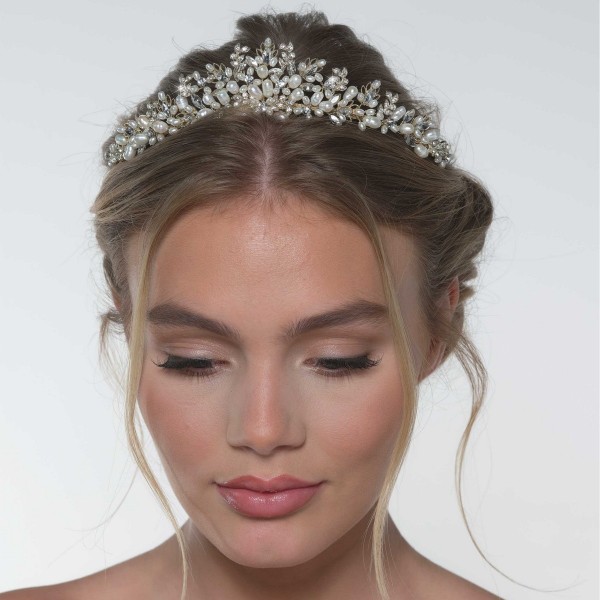 Acacia Gold Crystal Leaves and Freshwater Pearl Tiara