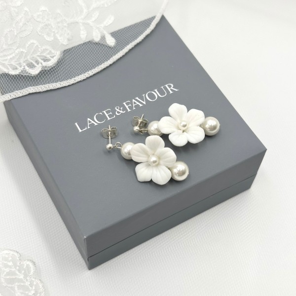 Trixie Ivory Ceramic Flower and Pearl Drop Earrings