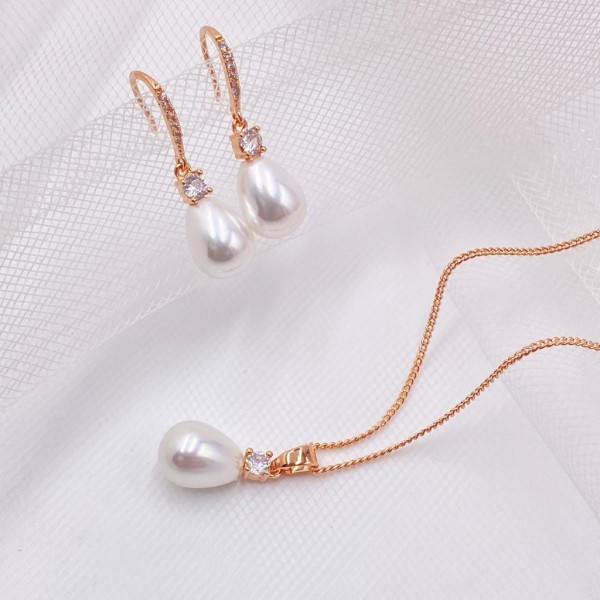 Dolci Rose Gold Crystal and Teardrop Pearl Bridal Jewellery Set