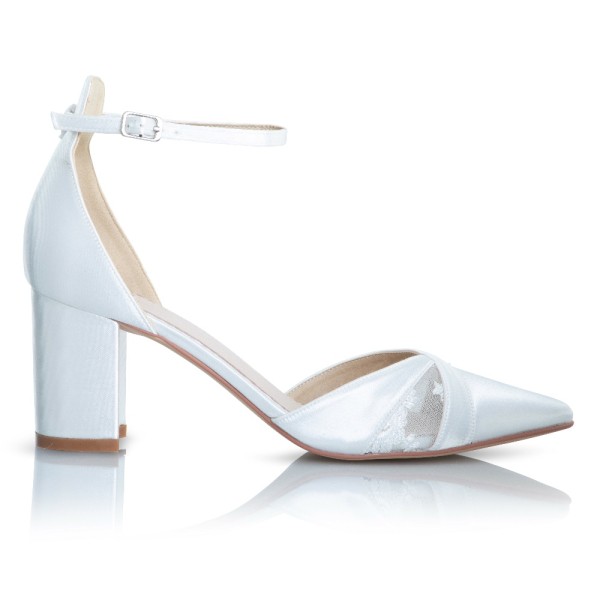 Perfect Bridal Kerry Dyeable Ivoire Satin and Lace Block Heel Ankle Strap Court Shoes