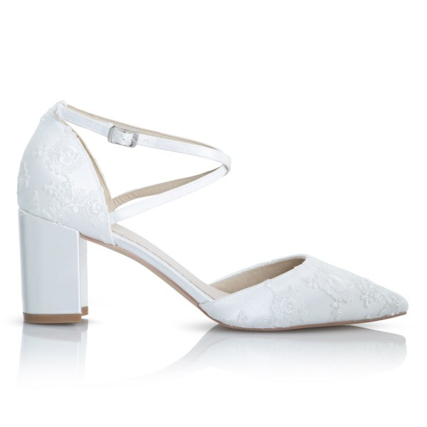 Perfect Bridal Maisie Dyeable Ivory Lace Block Heel Cross Strap Court Shoes
