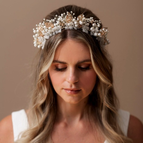 Arianna Divine Gold Leaves and Pearl Statement Floral Tiara AR738