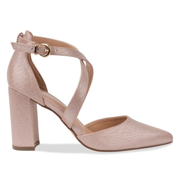 Paradox London Rylee Nackt Schimmer Cross Strap Block Heel Gericht Schuhe