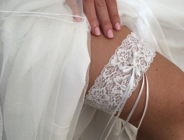 Harmony Blush Silk and Ivory Lace Wedding Garter with Pearl Bow