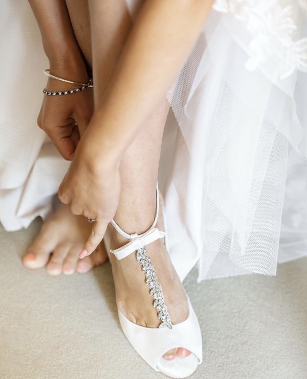 Photo of Perfect Bridal Phoenix Dyeable Ivory Satin Crystal T-Bar Sandals with Bow Detail uploaded by E on 20th June 2022