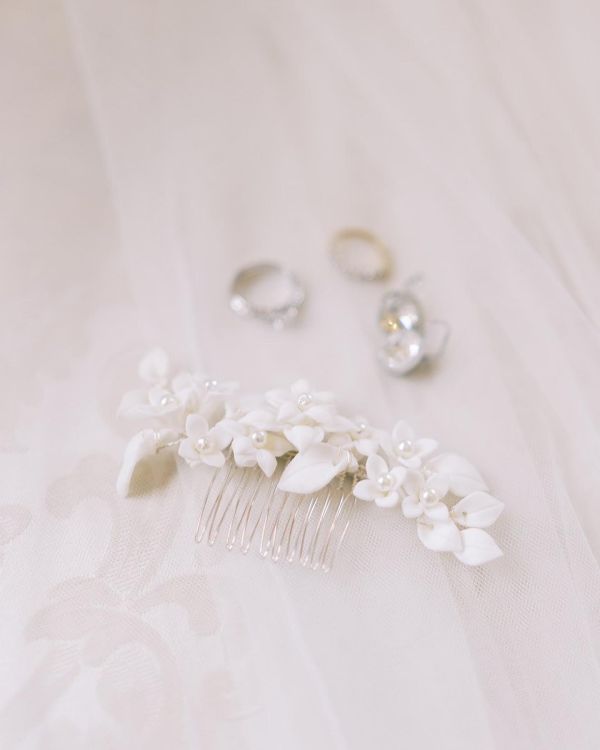 Photo of Nieve Ivory Porcelain Flowers and Pearl Wedding Hair Comb uploaded by L on 30th November 2022