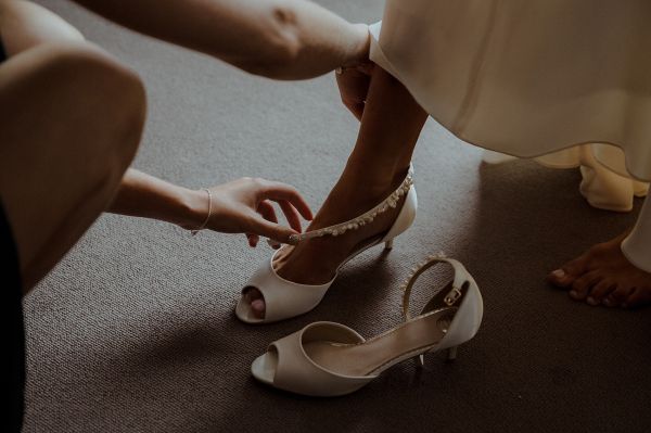 Photo of Perfect Bridal Amber Dyeable Ivory Satin Kitten Heel Keshi Pearl Ankle Strap Sandals uploaded by R on 19th April 2021
