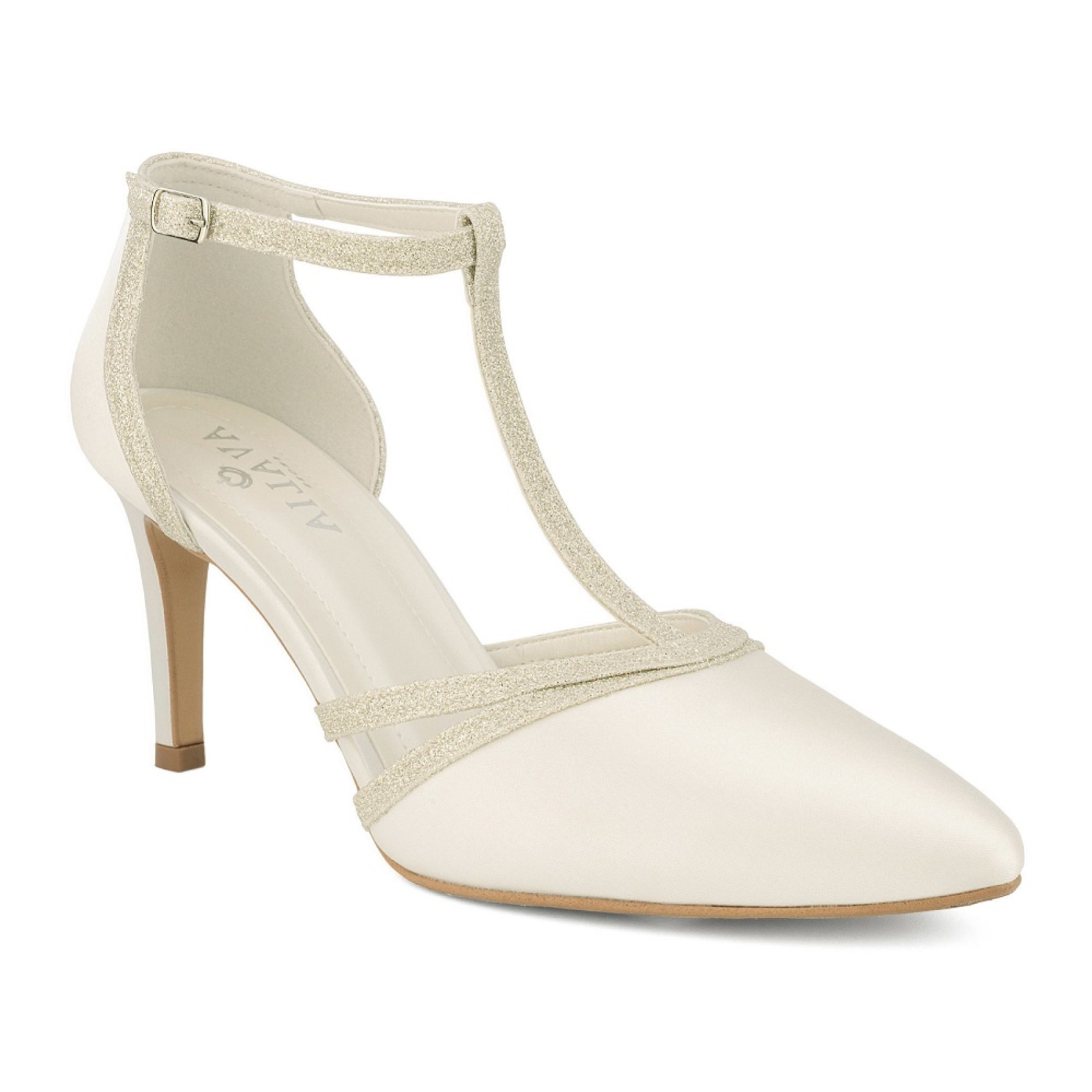 Avalia Wilma Ivory Satin and Silver Glitter T-Bar Shoes