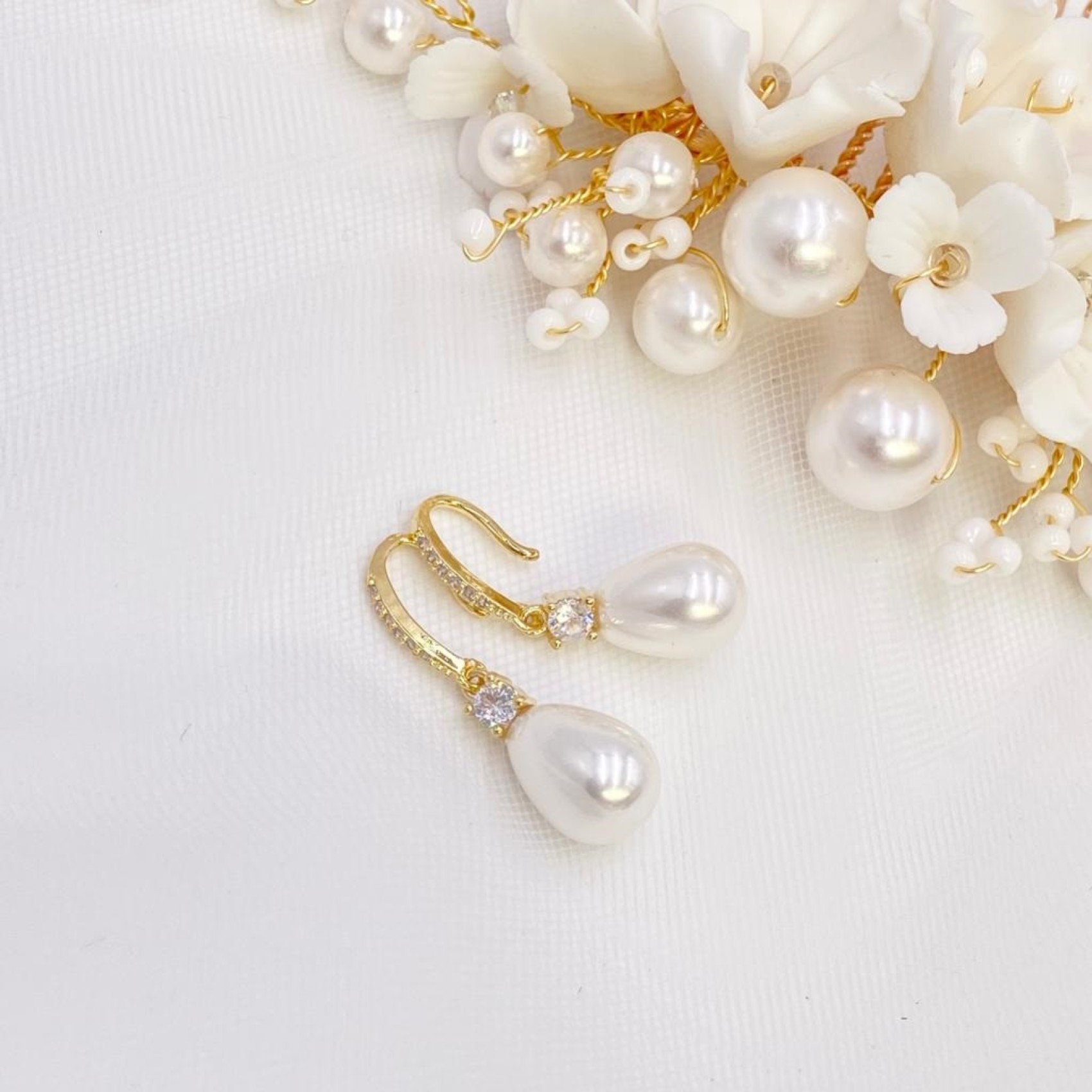 Dolci Gold Crystal Embellished Teardrop Pearl Earrings