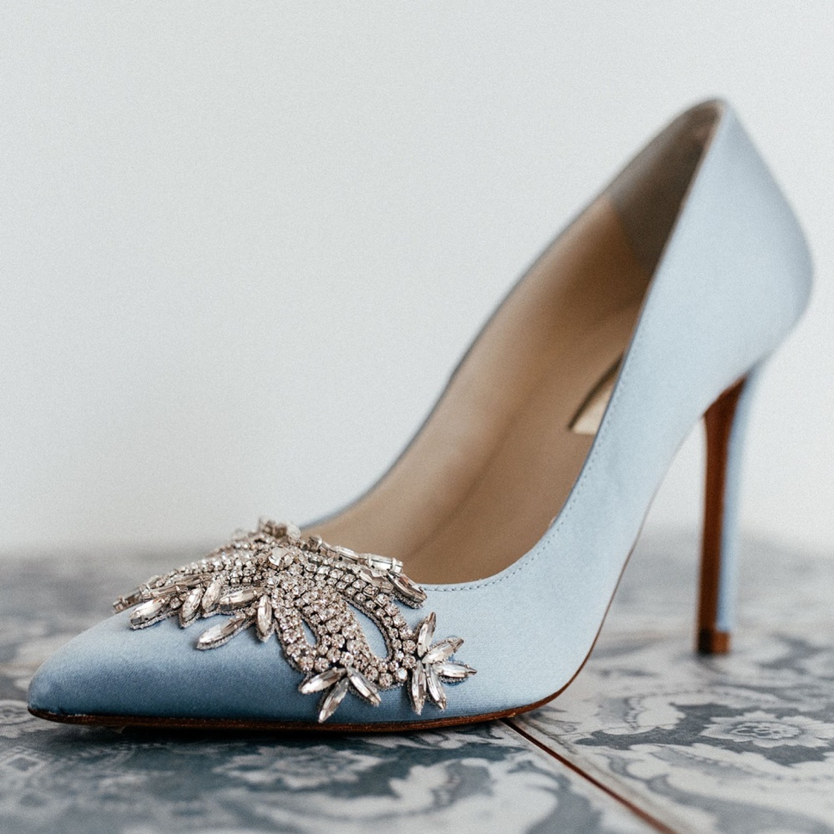 Freya Rose Celina Blue Satin Crystal Embellished Pointed Toe Courts