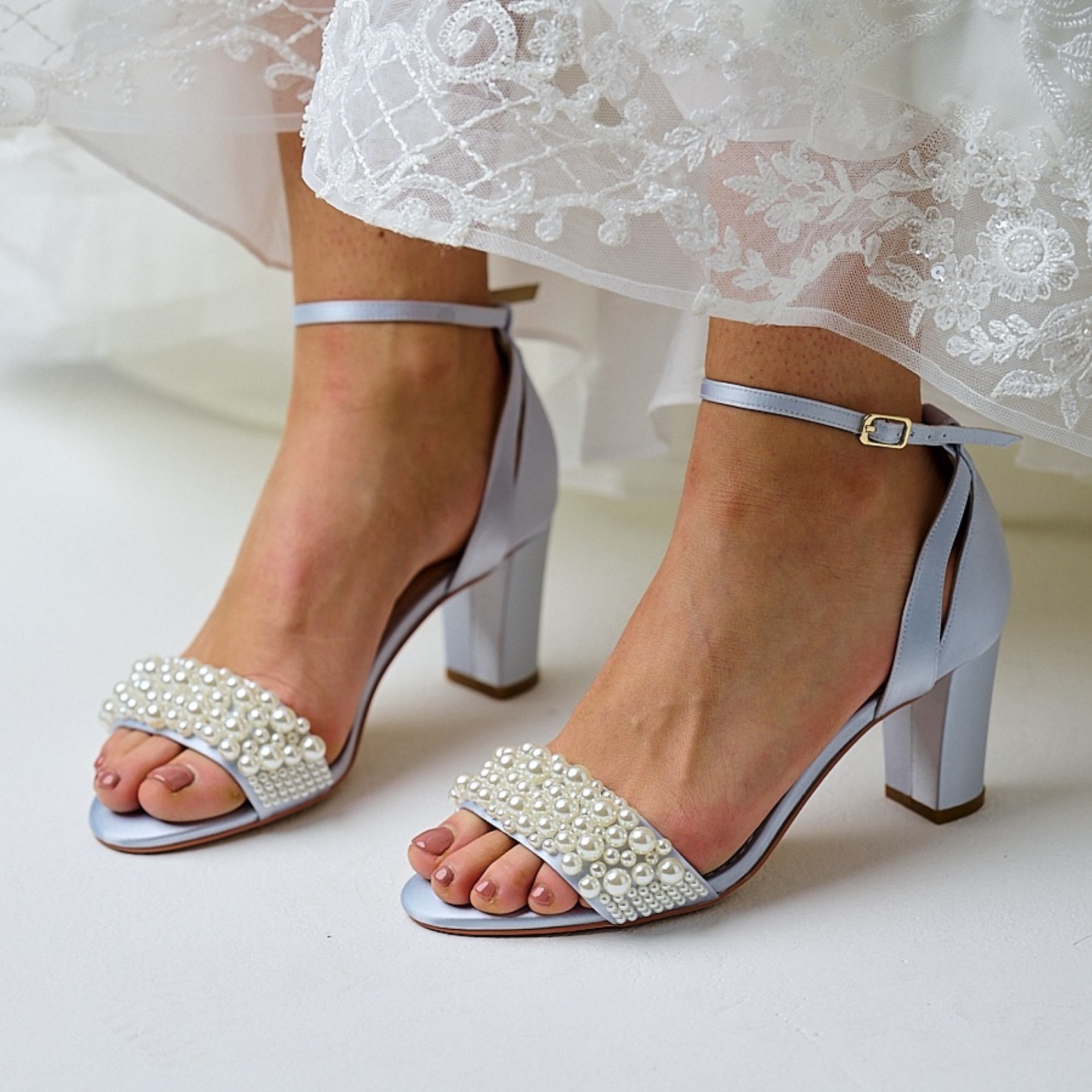 Perfect Bridal Carrie Blue Satin Pearl Block Heel Sandals