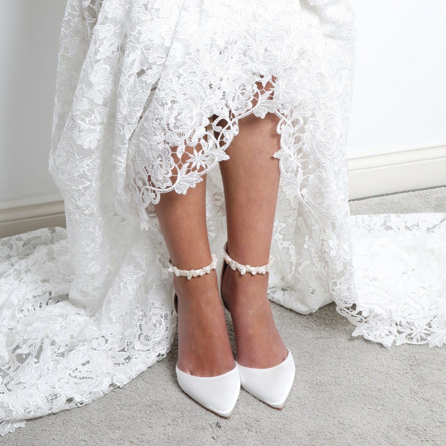 Perfect Bridal Ella Mid Dyeable Ivory Satin Keshi Pearl Ankle Strap ...