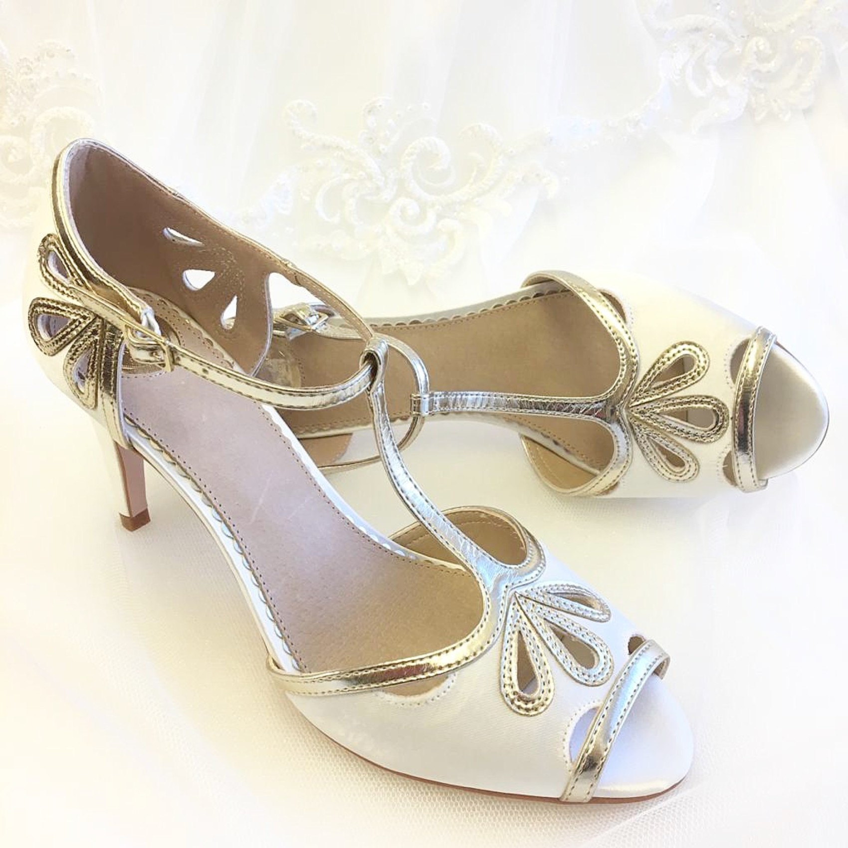 Perfect Bridal Esme Dyeable Ivory Satin and Gold Shimmer T-Bar Shoes