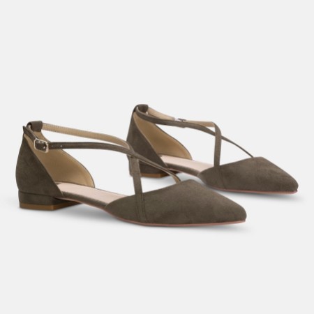 Perfect Bridal Davina Olive Green Suede Cross Strap Pointed Ballet Flats