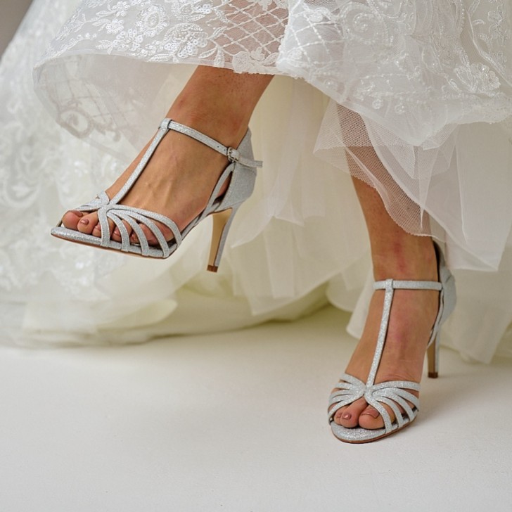 Perfect Bridal Bryony Silver Sparkly Glitter Strappy T-Bar Sandals