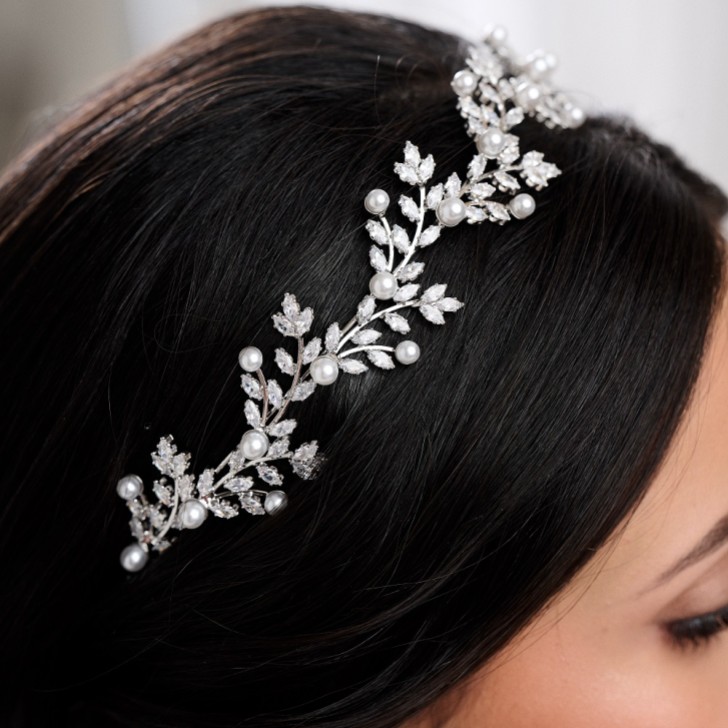 Amalfi Crystal Leaves and Pearl Wedding Headband