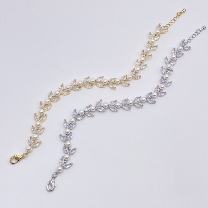 Amalia Gold Cubic Zirconia and Pearl Wedding Bracelet