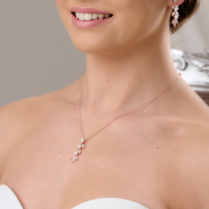 Amalia Rose Gold Cubic Zirconia and Pearl Pendant Necklace