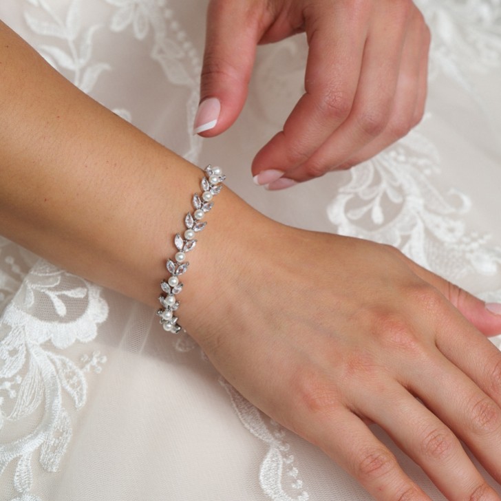 Amalia Silver Cubic Zirconia and Pearl Wedding Bracelet