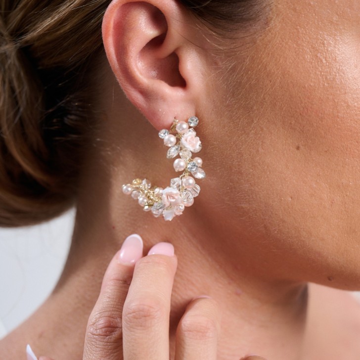 Amelia Blush Porcelain Flower Gold Hoop Earrings