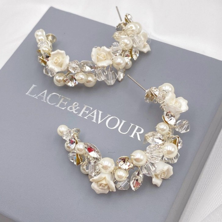 Amelia Ivory Porcelain Flower Silver Hoop Earrings