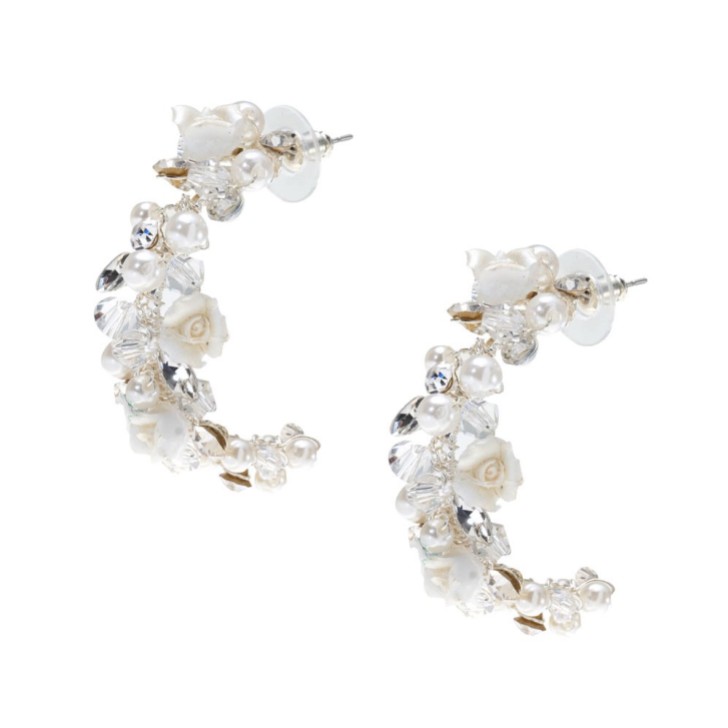 Amelia Ivory Porcelain Flower Silver Hoop Earrings