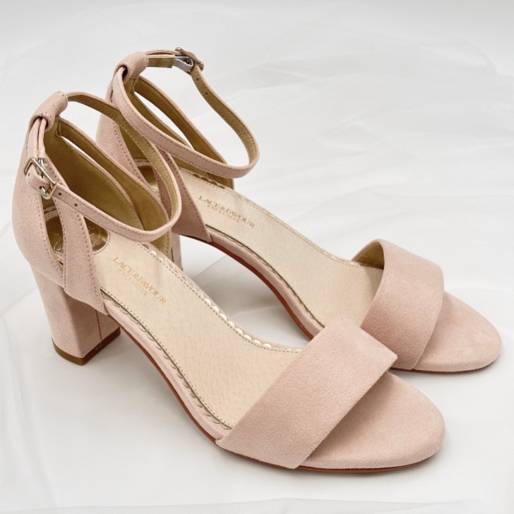 Perfect Bridal Andrea Blush Suede Block Heel Ankle Strap Sandals