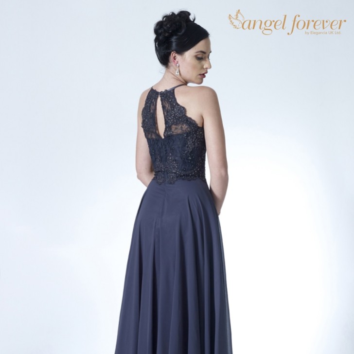 Angel Forever High Neck Lace Bodice A Line Chiffon Prom Dress (Charcoal)