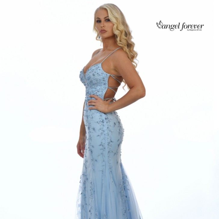 Angel Forever Beaded Lace Backless Fishtail Prom Dress (Ice Blue)