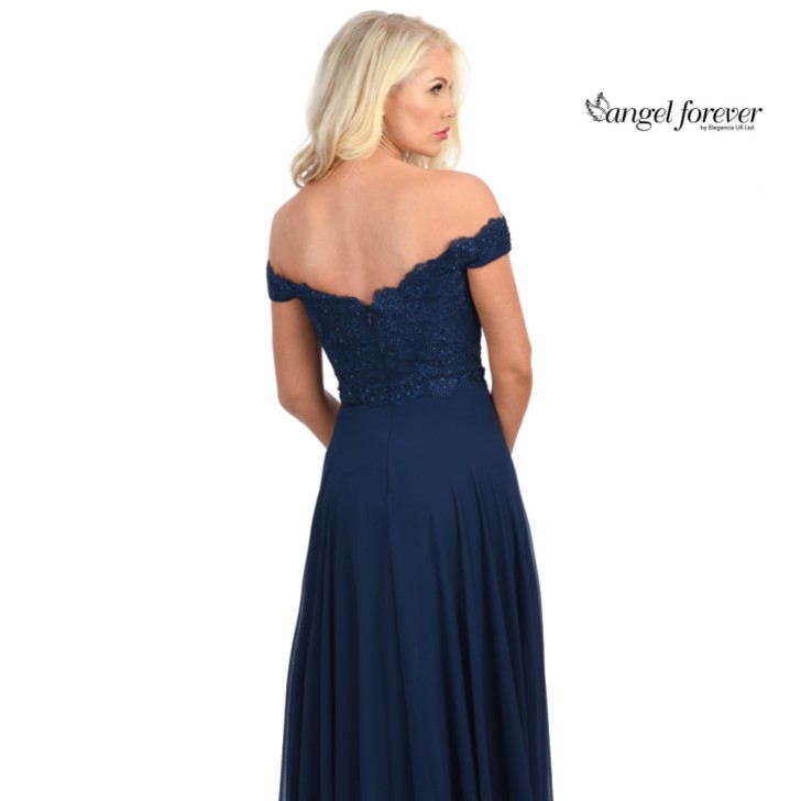 Angel Forever Off The Shoulder Chiffon Prom Dress with Lace Bodice (Navy)