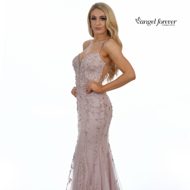 Angel Forever Beaded Lace Backless Fishtail Prom Dress (Rose Gold)
