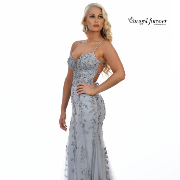 Angel Forever Beaded Lace Backless Fishtail Prom Dress (Silver)