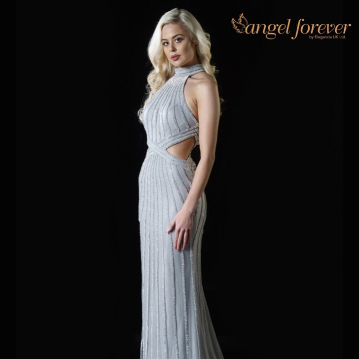 Angel Forever Diamante High Neck Fitted Prom Dress with Cut Outs (Silver)