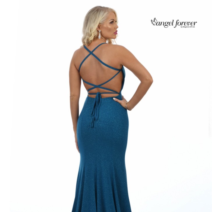 Angel Forever Shimmer Fabric Backless Fishtail Prom Dress with Slit (Teal)