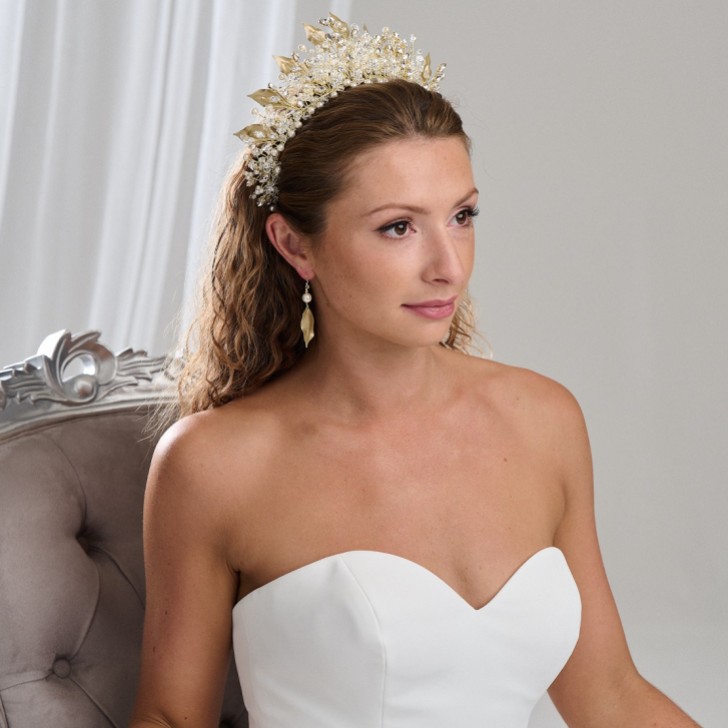Arianna Lilibet Statement Leaf, Pearl and Crystal Bridal Crown AR763