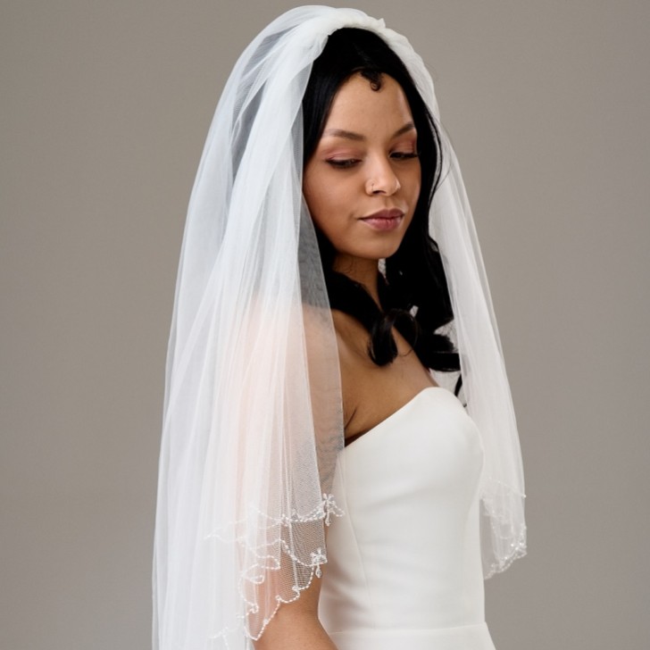 Atlanta Two Tier Beaded Scalloped Edge Veil with Crystal Drops