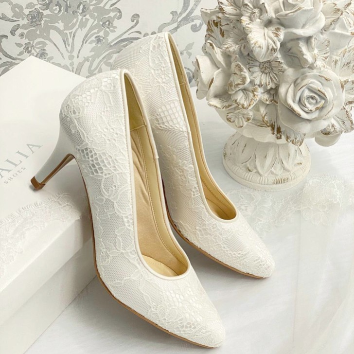 Avalia Demi Ivory Lace Mid Heel Pointed Court Shoes