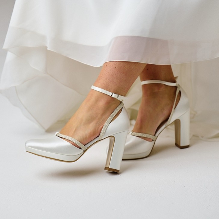 Avalia Mary Ivory Satin and Silver Glitter Block Heel Ankle Strap Shoes
