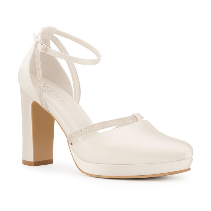 Avalia Mary Ivory Satin and Silver Glitter Block Heel Ankle Strap Shoes