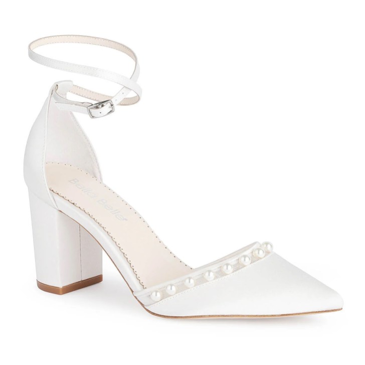 Bella Belle Emery Ivory Silk Ankle Strap Pearl Block Heels