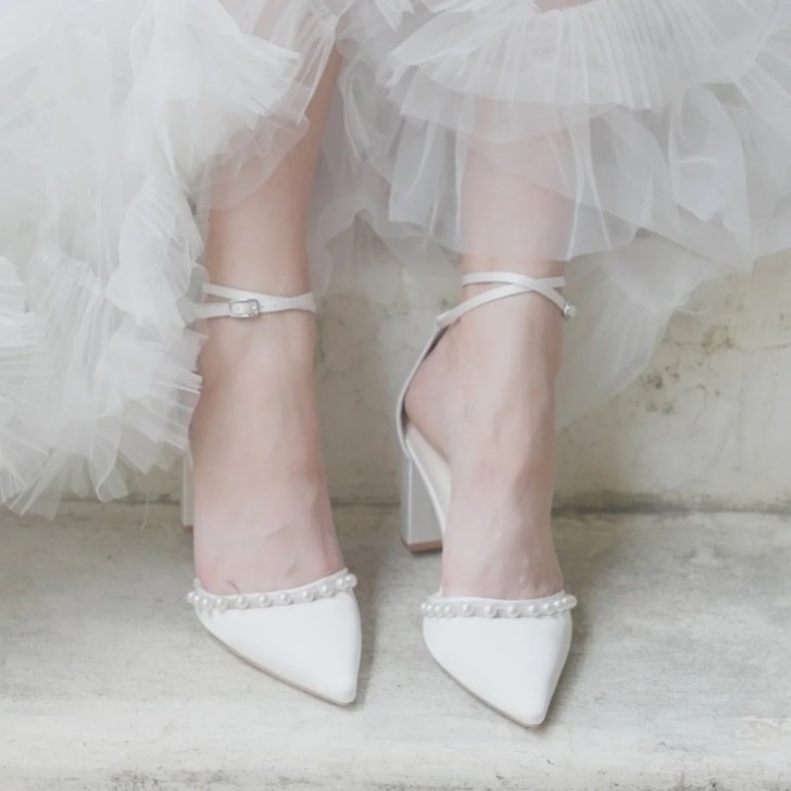 Bella Belle Emery Ivory Silk Ankle Strap Pearl Block Heels