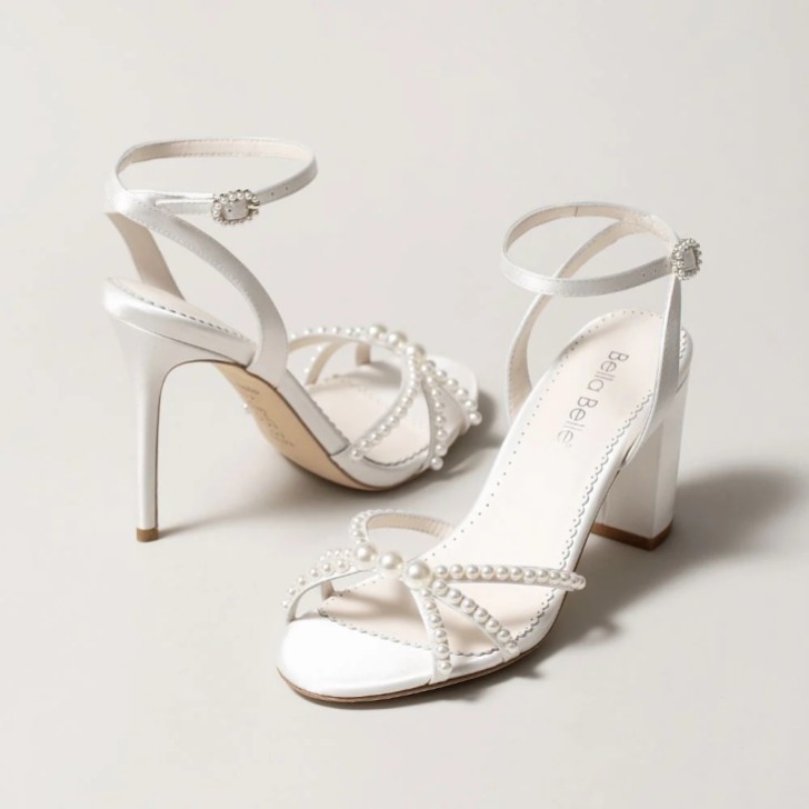 Bella Belle Lilia Ivory Silk Pearl Strappy Block Heel Sandals