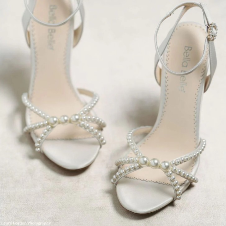 Bella Belle Lilia Ivory Silk Pearl Strappy Block Heel Sandals