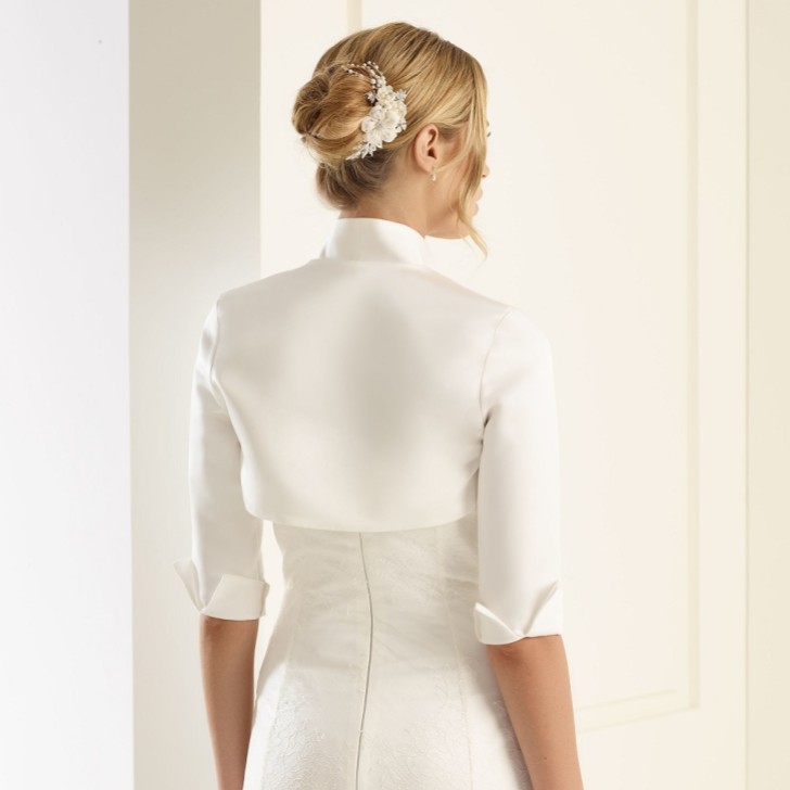 Bianco Ivory Matte Satin 3/4 Length Sleeve Wedding Jacket E55S
