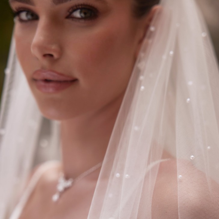 Bianco Ivory Single Tier Scattered Pearl Floor Length Veil (voile de sol) S525